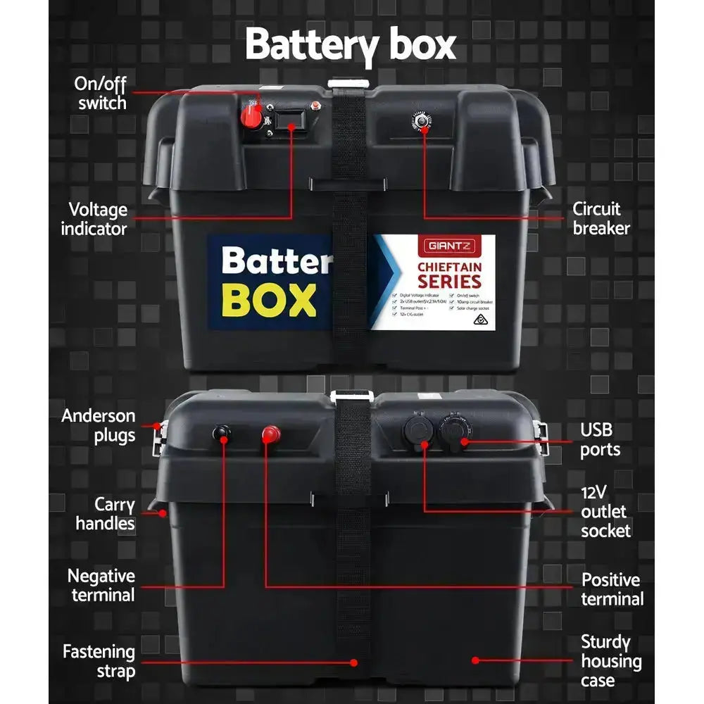 Giantz 100Ah Deep Cycle Battery & Battery Box 12V AGM Marine Sealed Power Solar Caravan 4WD Camping - Sprung Outdoors 