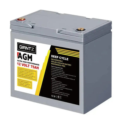 Giantz 75Ah Deep Cycle Battery & Battery Box 12V AGM Marine Sealed Power Solar Caravan 4WD Camping - Sprung Outdoors 