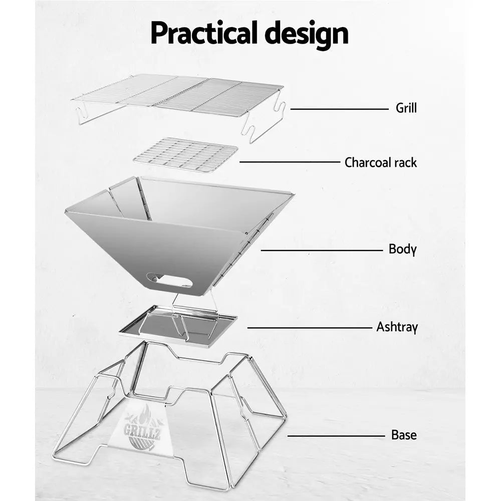 Grillz Camping Fire Pit BBQ 2-in-1 Grill Smoker Outdoor Portable Stainless Steel - Sprung Outdoors 