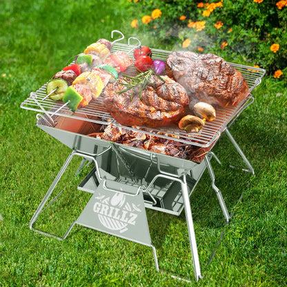 Grillz Camping Fire Pit BBQ 2-in-1 Grill Smoker Outdoor Portable Stainless Steel - Sprung Outdoors 