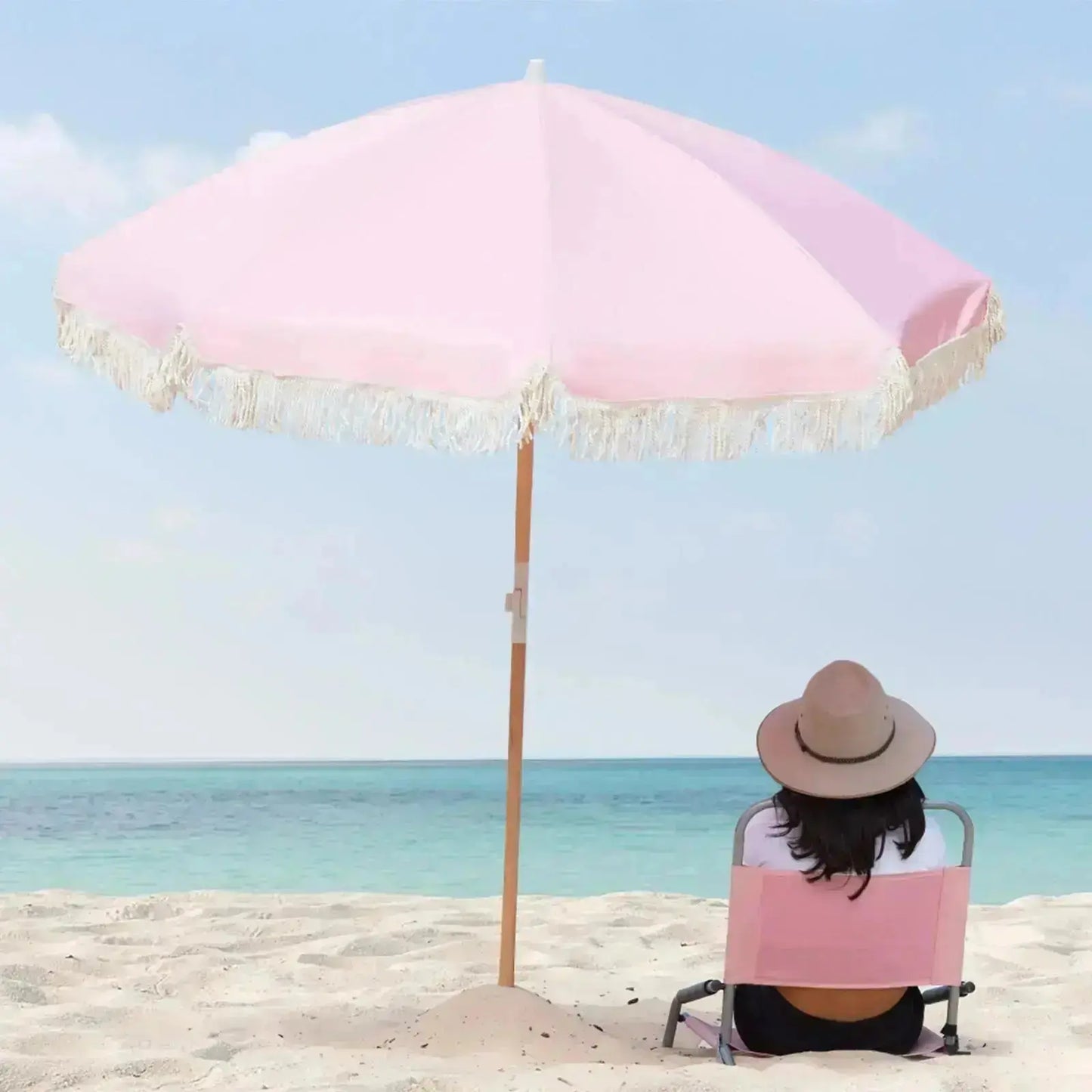 Havana Outdoors Beach Umbrella Portable 2 Metre Fringed Garden Sun Shade Shelter - Dusty Rose - Sprung Outdoors 