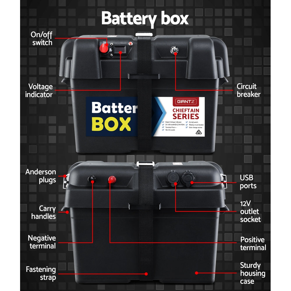 Giantz 140Ah Deep Cycle Battery & Battery Box 12V AGM Marine Sealed Power Solar Caravan 4WD Camping Sprung Outdoors 