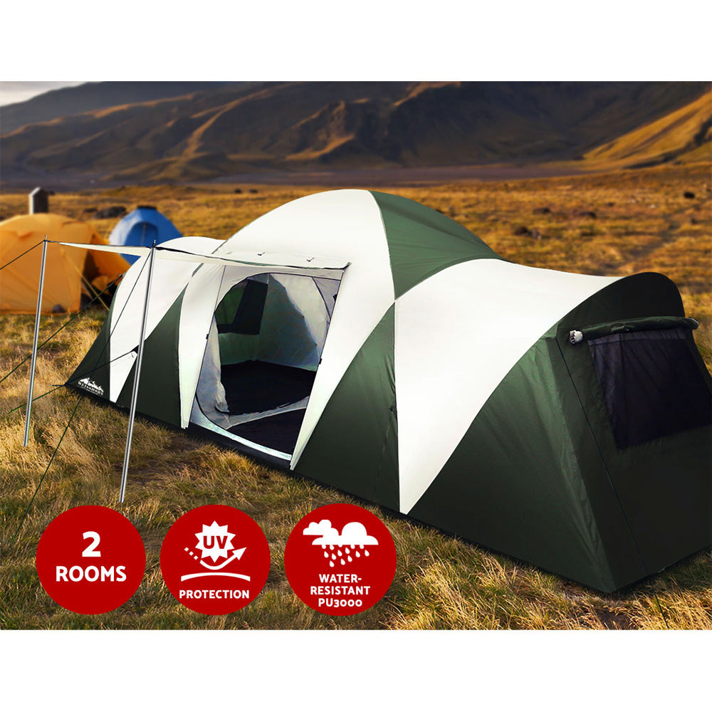 Weisshorn Family Camping Tent 12 Person Hiking Beach Tents (3 Rooms) Green Sprung Outdoors 