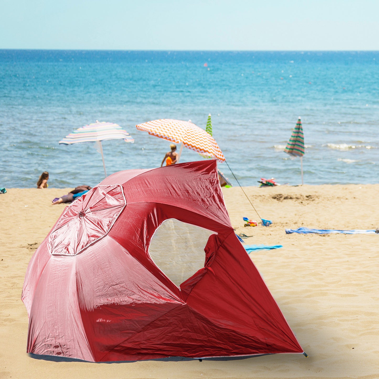 Havana Outdoors Beach Umbrella 2.4M Outdoor Garden Beach Portable Shade Shelter - Red Sprung Outdoors 