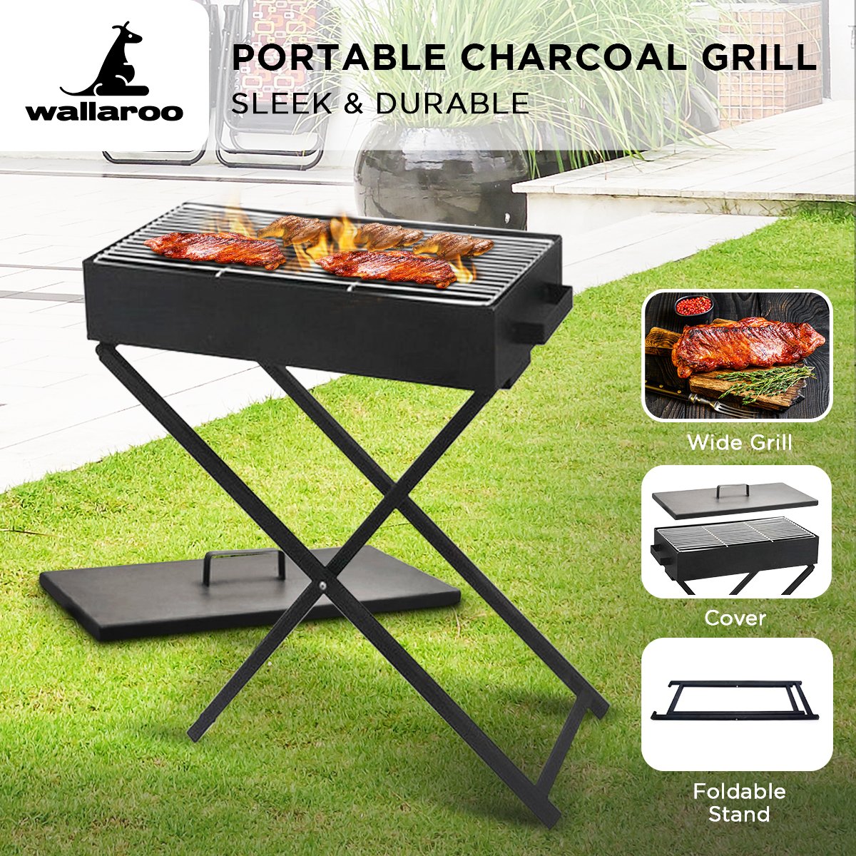 Wallaroo Charcoal BBQ Grill - Adjustable Height Sprung Outdoors 