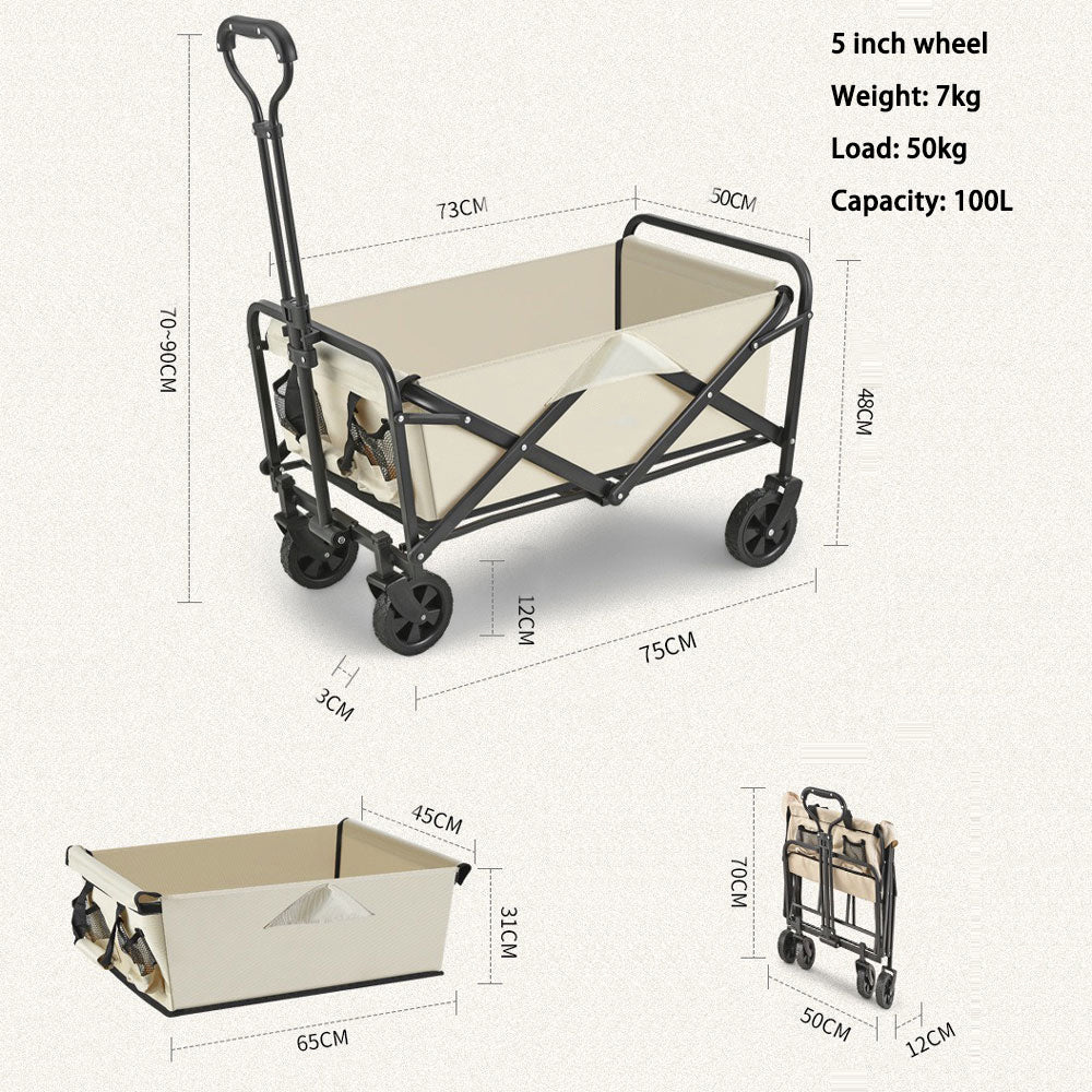 5 Inch Wheel Beige Folding Beach Wagon Cart Trolley Garden Outdoor Picnic Camping Sports Market Collapsible Shop - Sprung Outdoors 