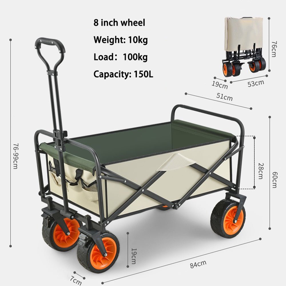 8 Inch Wheel Beige Folding Beach Wagon Cart Trolley Garden Outdoor Picnic Camping Sports Market Collapsible Shop - Sprung Outdoors 