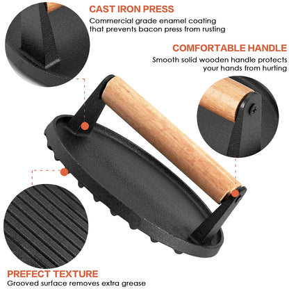 Heavy Duty Round Cast Iron Grill Burger Press Pre-Seasoned Steak Griddle BBQ Grilling Sprung Outdoors 