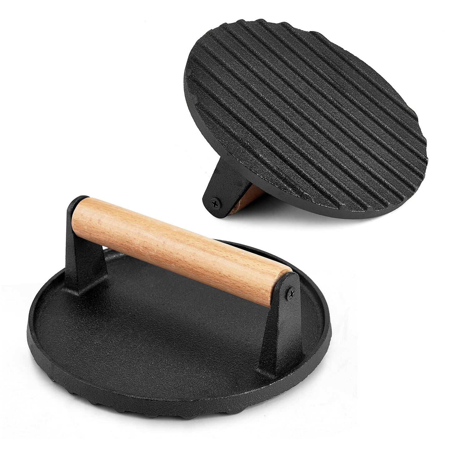 Heavy Duty Round Cast Iron Grill Burger Press Pre-Seasoned Steak Griddle BBQ Grilling Sprung Outdoors 