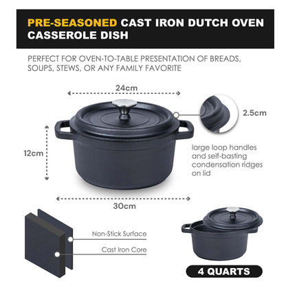 24cm Pre-seasoned NonStick Cast Iron Dutch Oven Handles Lid Skillet Cookware Braising Pot Pan Casserole - Sprung Outdoors 